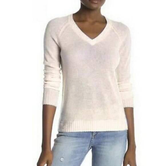 Minnie Rose Cashmere Cream Coloured V Neck Sweater Size Small - Picture 1 of 7